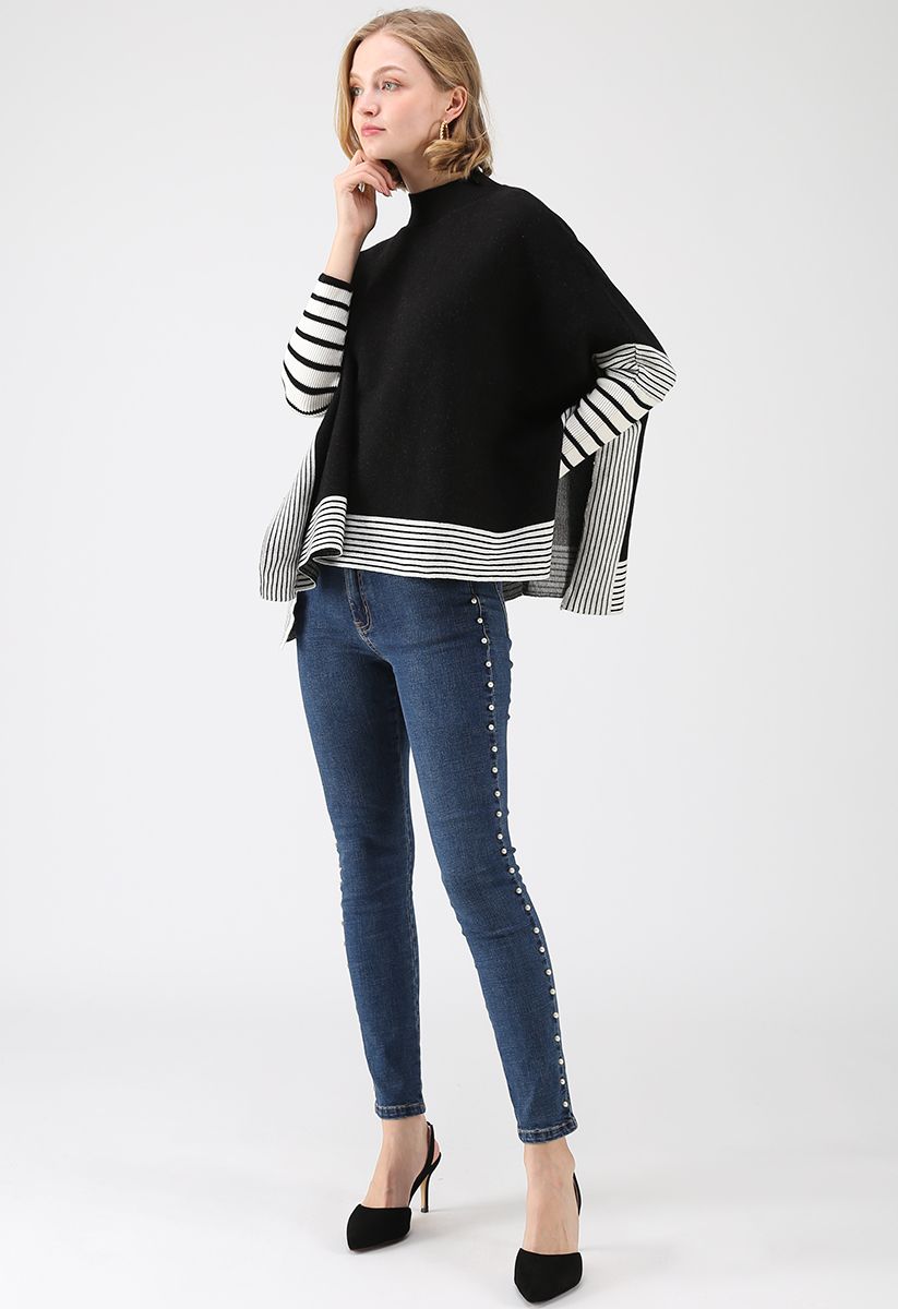 Lie in Black Fields Striped Oversize Knit Cape Sweater
