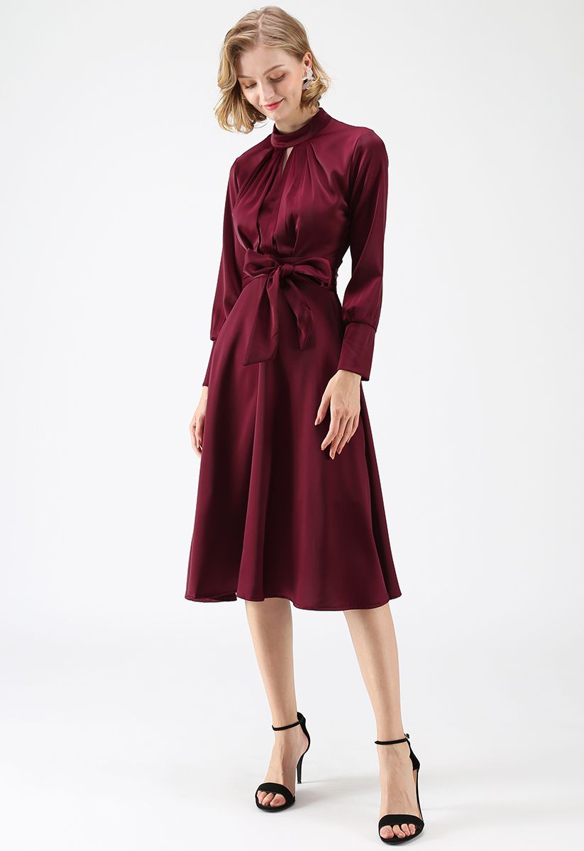 Grab the Spotlight Bowknot Satin Dress in Wine