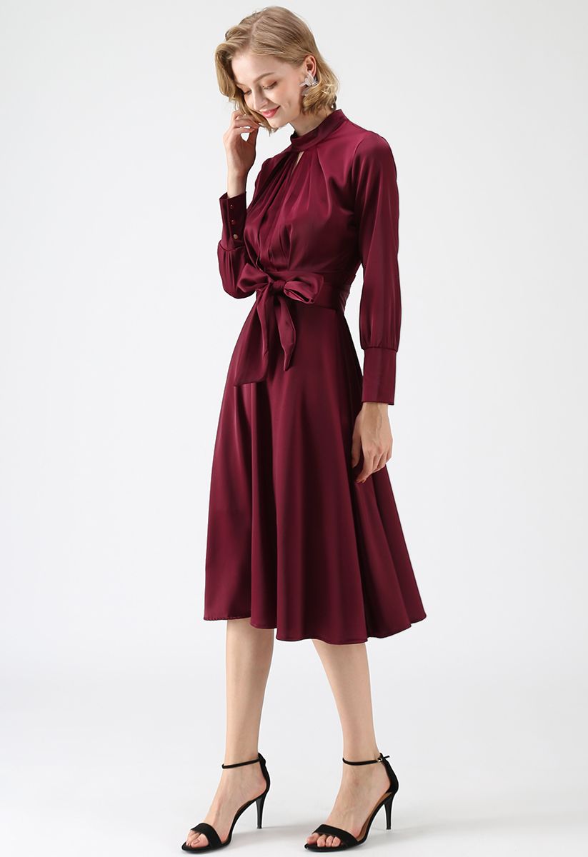 Grab the Spotlight Bowknot Satin Dress in Wine