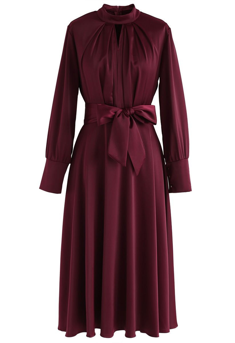 Grab the Spotlight Bowknot Satin Dress in Wine