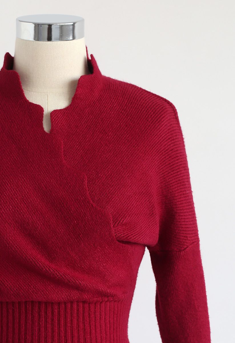 Cafe Time Wavy Wrap Knit Dress in Red