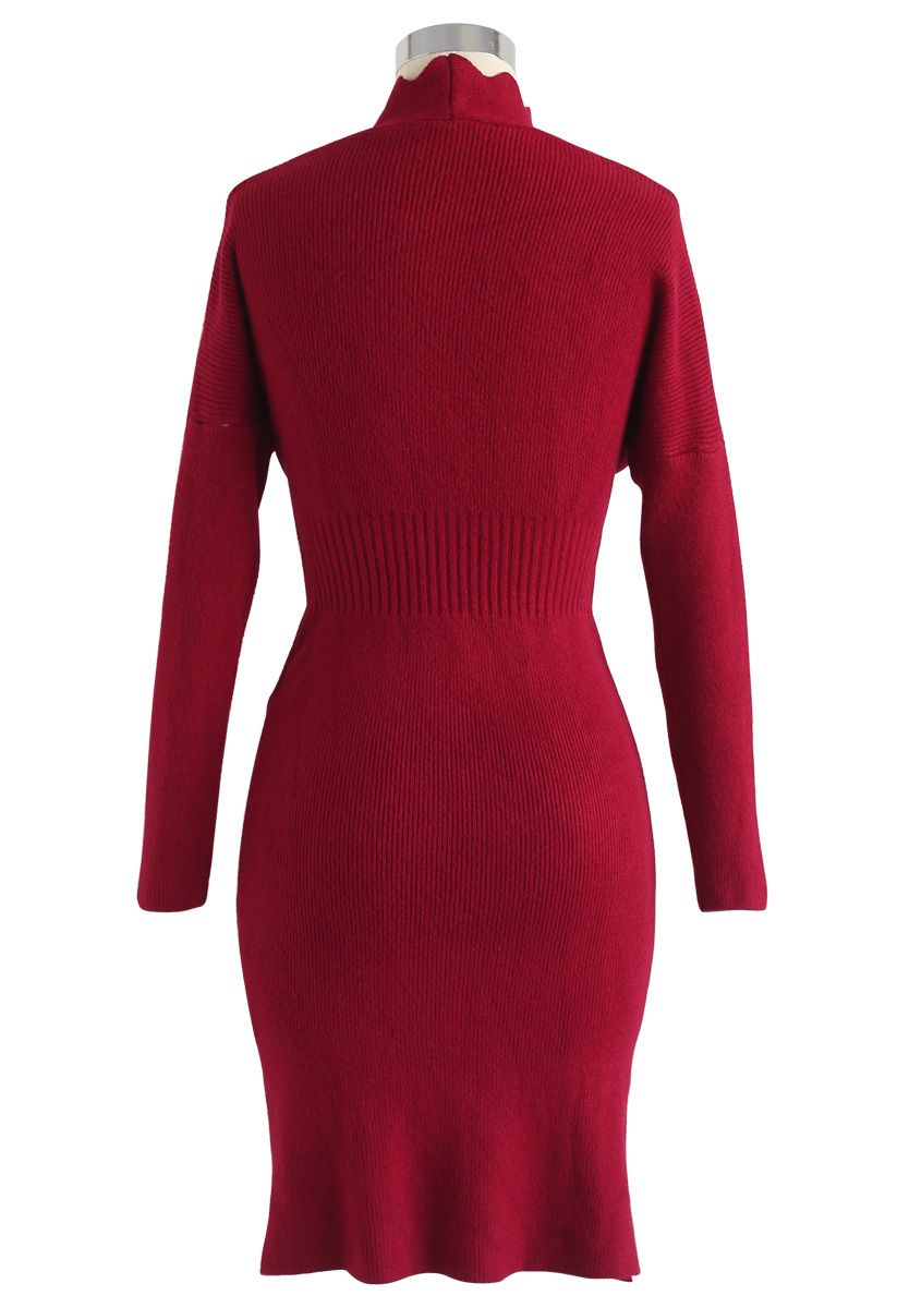 Cafe Time Wavy Wrap Knit Dress in Red