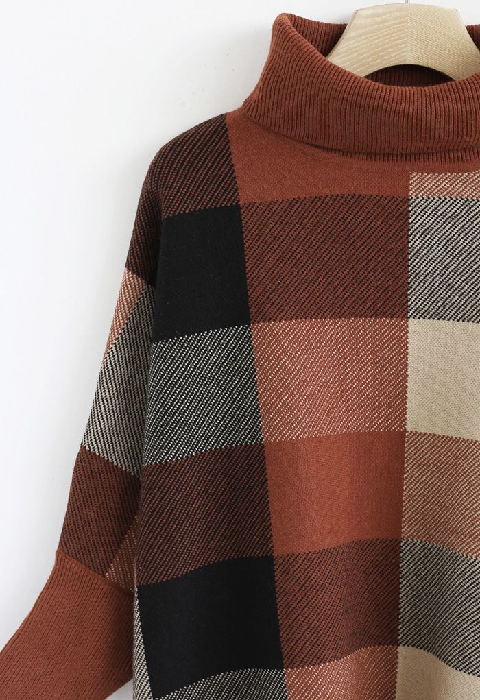 Lie in Check Fields Turtleneck Cape Sweater in Caramel