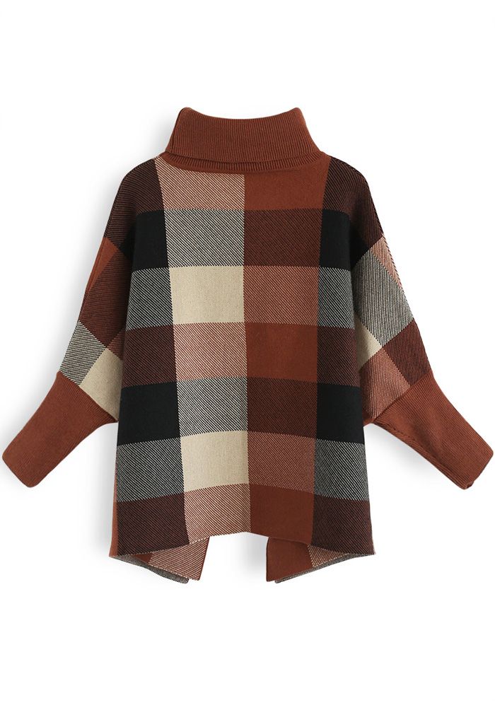 Lie in Check Fields Turtleneck Cape Sweater in Caramel