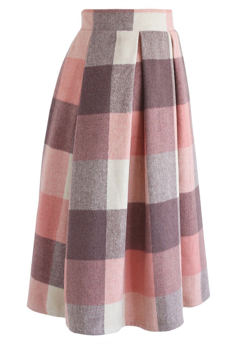 Greatest Embrace Check Wool-Blend Midi Skirt in Pink 