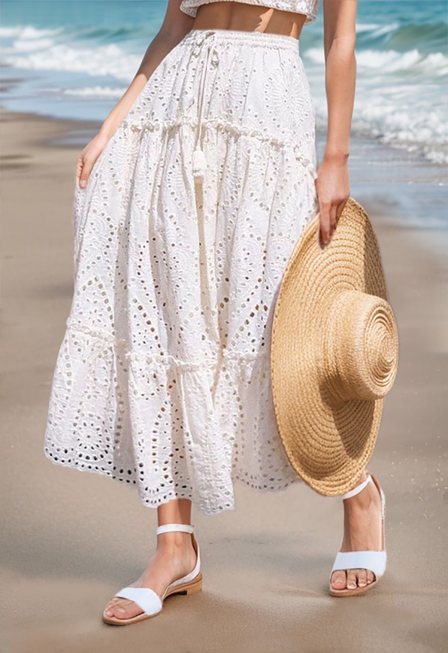 Eyelet Embroidery Tassel String Maxi Skirt in White