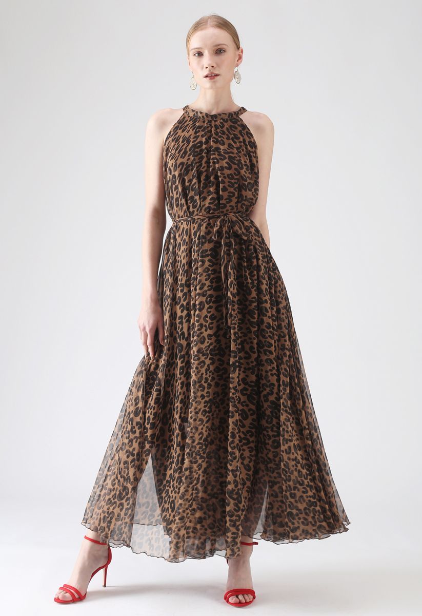 Leopard Watercolor Maxi Slip Dress in Brown