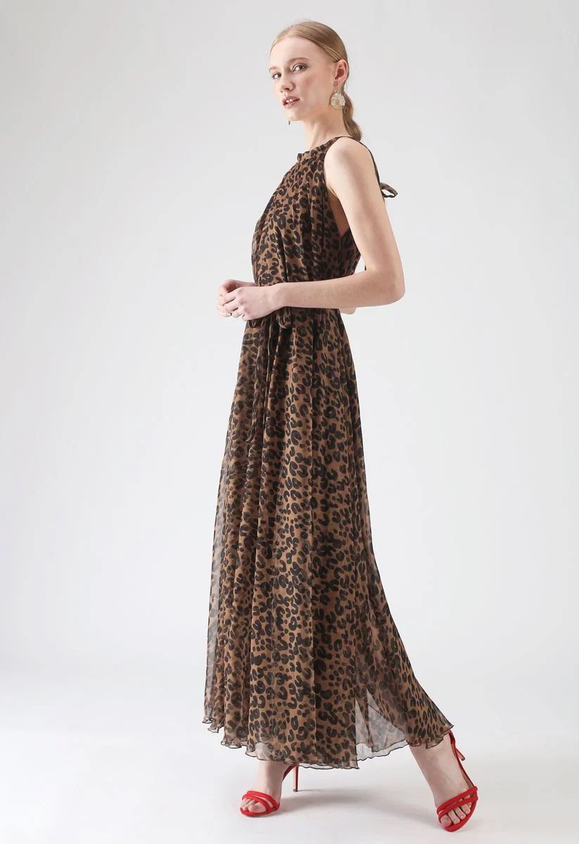 Leopard Watercolor Maxi Slip Dress in Brown