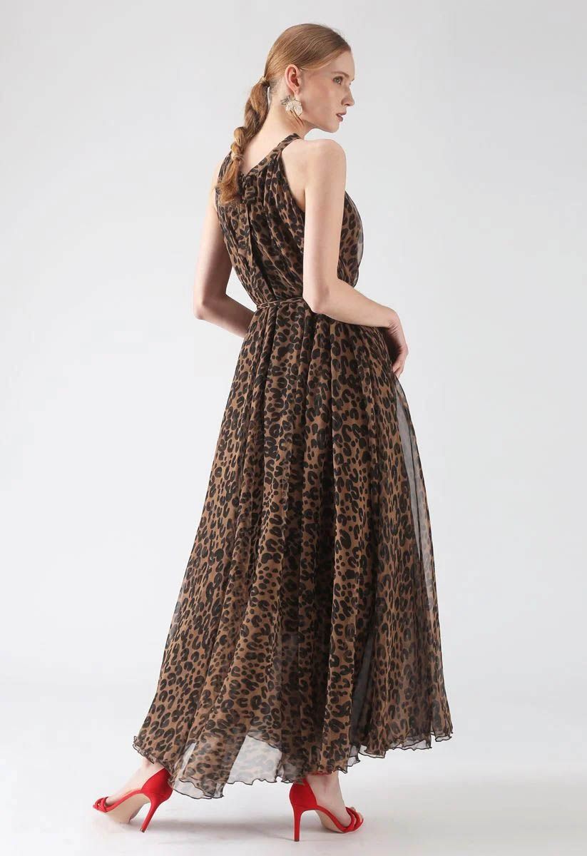 Leopard Watercolor Maxi Slip Dress in Brown
