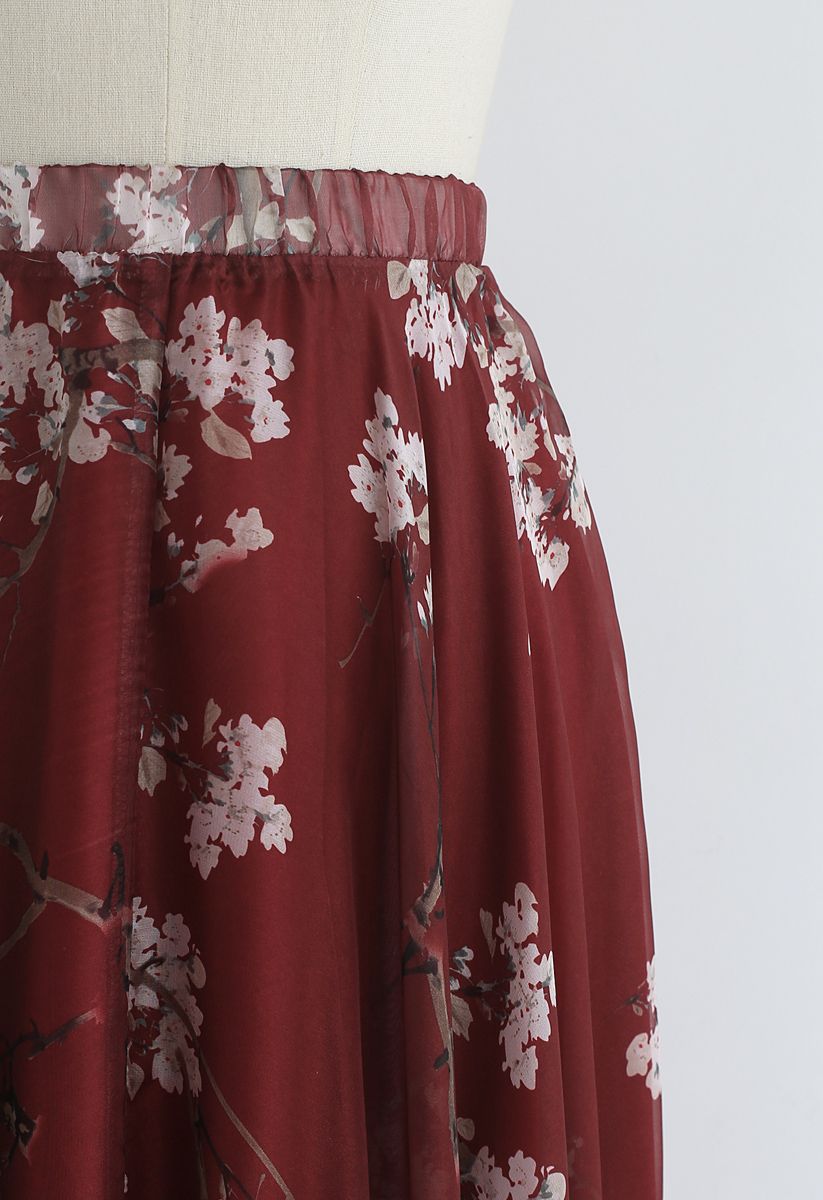 Plum Blossom Watercolor Maxi Skirt in Wine
