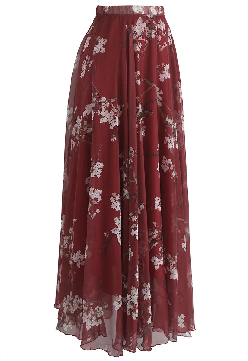 Plum Blossom Watercolor Maxi Skirt in Wine