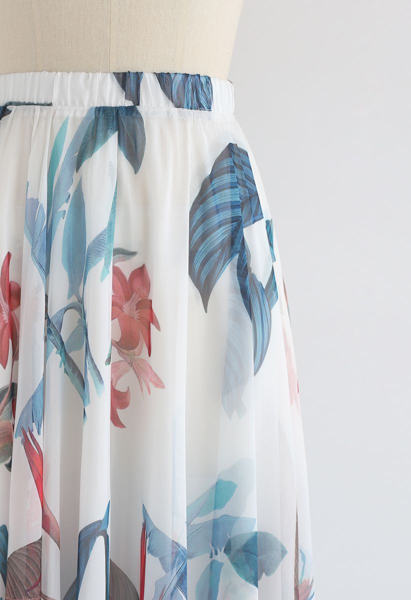 Tropical Floral Watercolor Maxi Skirt in White