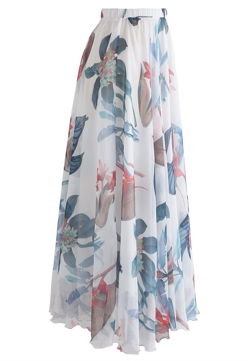 Tropical Floral Watercolor Maxi Skirt in White