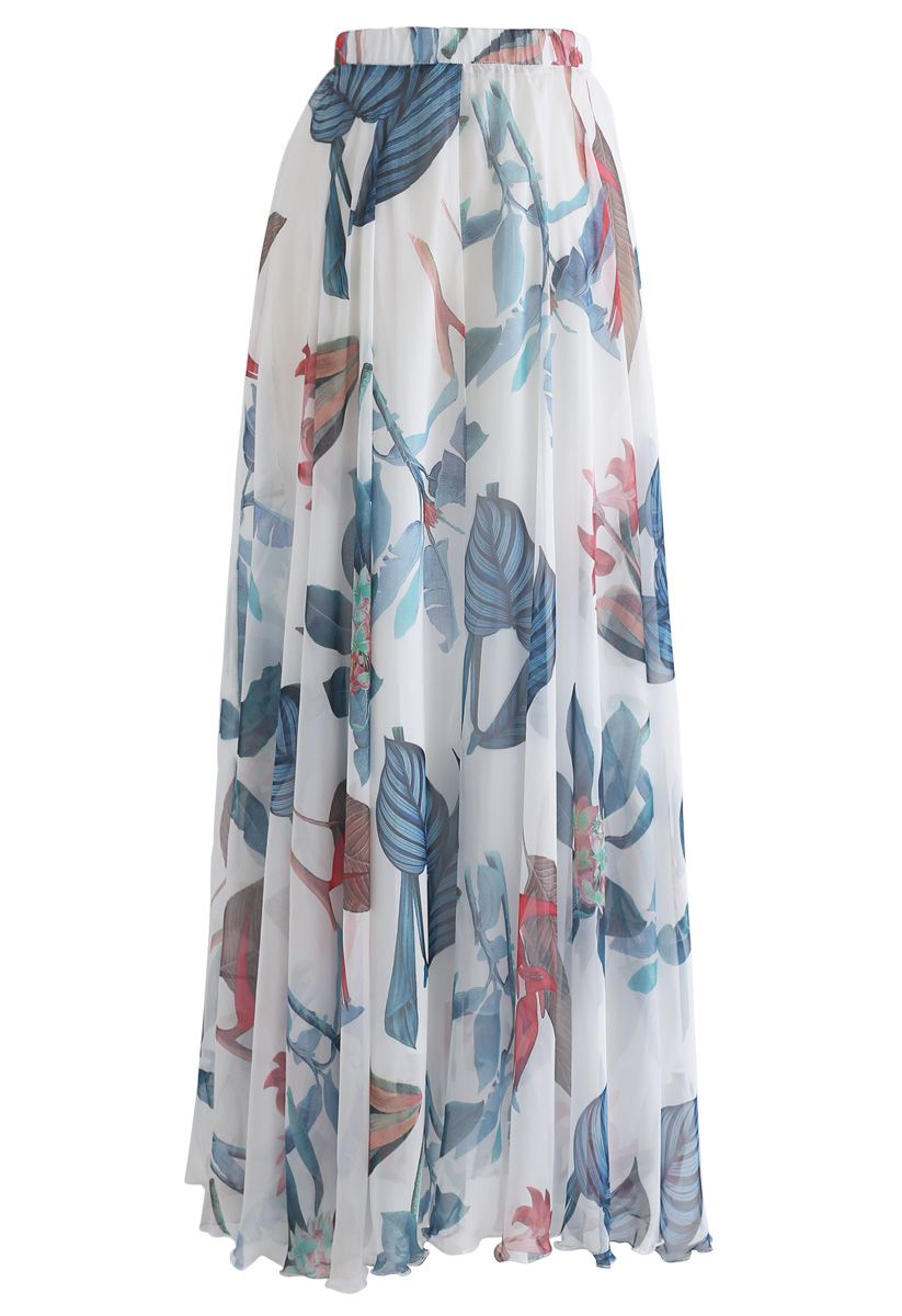 Tropical Floral Watercolor Maxi Skirt in White