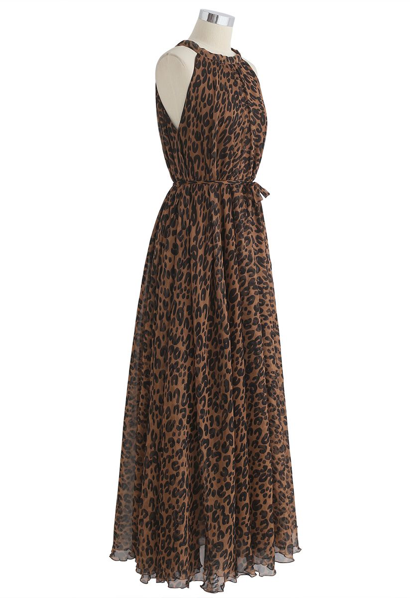 Leopard Watercolor Maxi Slip Dress in Brown