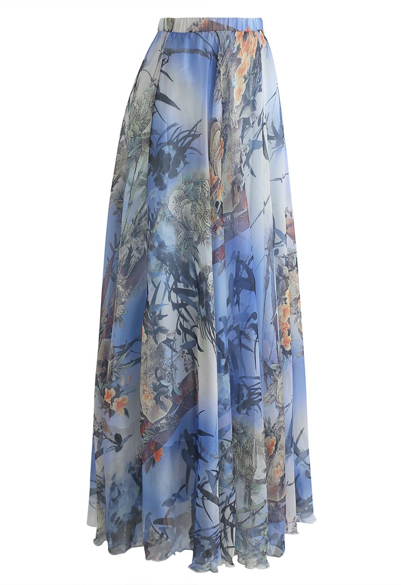 Bamboo Watercolor Maxi Skirt in Blue