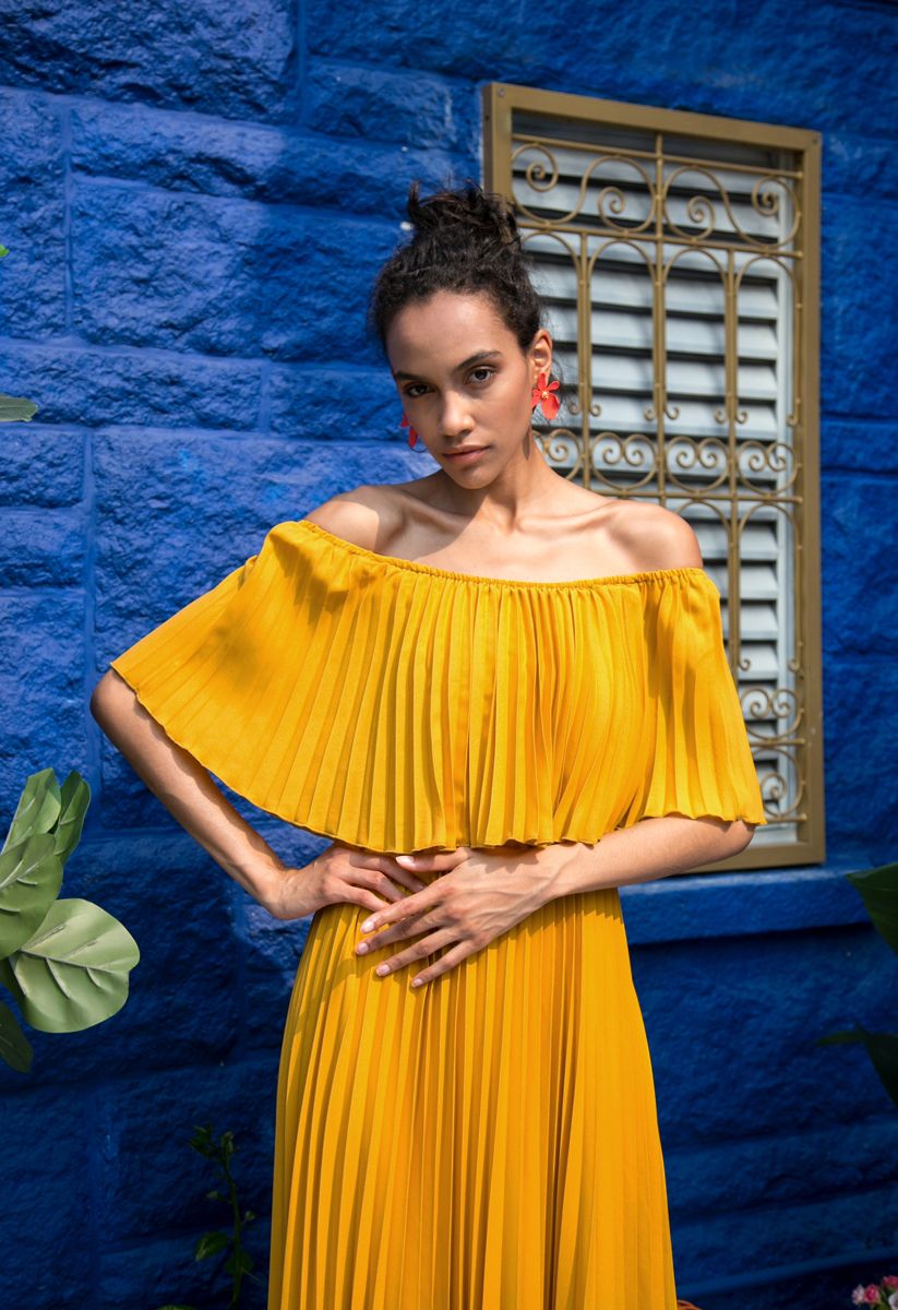 Dancing Till Dawn Off-Shoulder Pleated Maxi Dress in Mustard