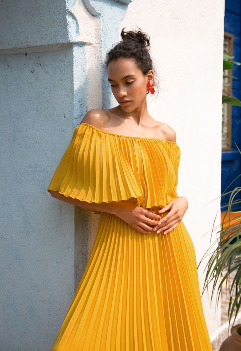 Dancing Till Dawn Off-Shoulder Pleated Maxi Dress in Mustard