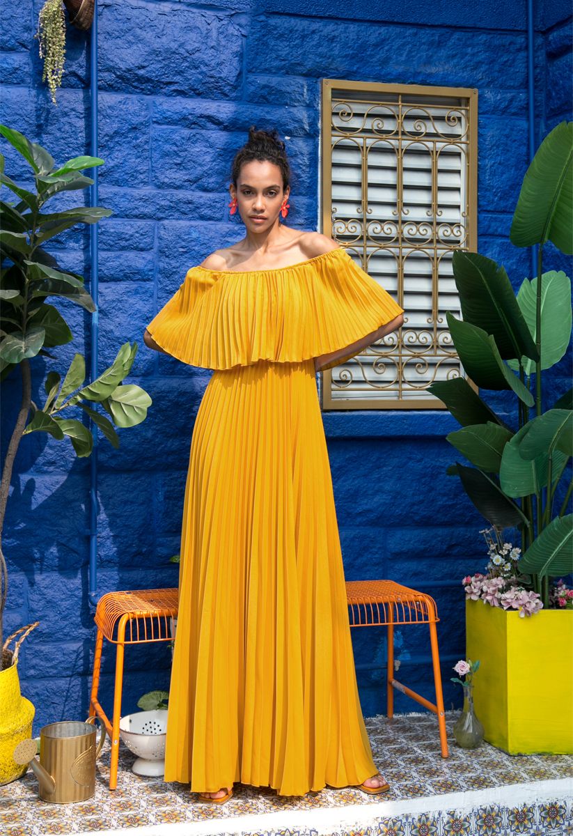 Dancing Till Dawn Off-Shoulder Pleated Maxi Dress in Mustard