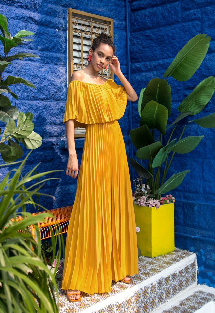 Dancing Till Dawn Off-Shoulder Pleated Maxi Dress in Mustard