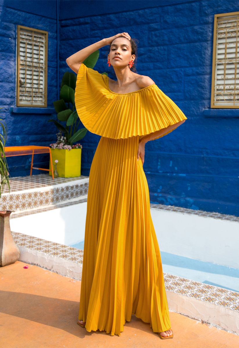 Dancing Till Dawn Off-Shoulder Pleated Maxi Dress in Mustard