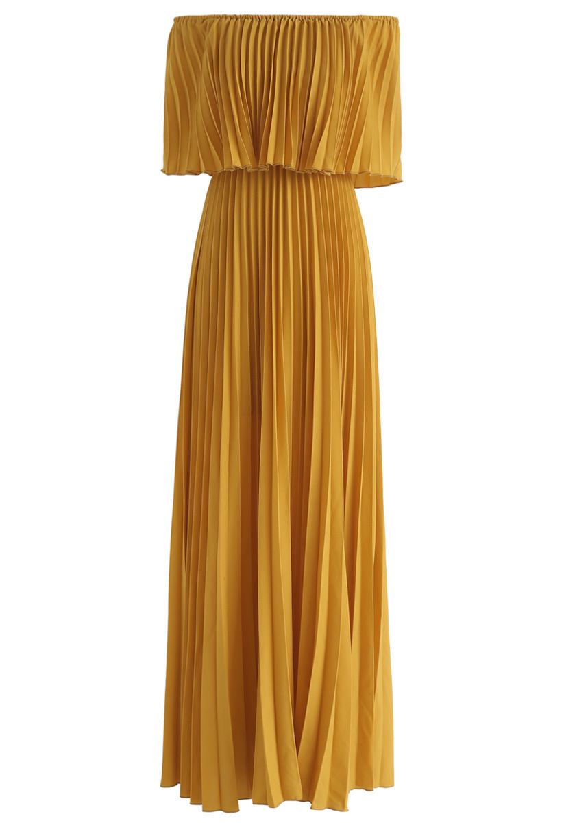 Dancing Till Dawn Off-Shoulder Pleated Maxi Dress in Mustard