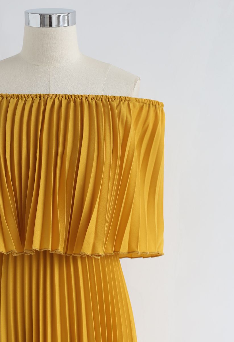 Dancing Till Dawn Off-Shoulder Pleated Maxi Dress in Mustard