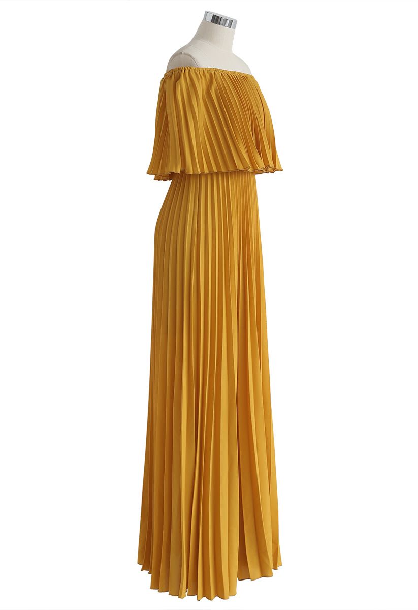 Dancing Till Dawn Off-Shoulder Pleated Maxi Dress in Mustard