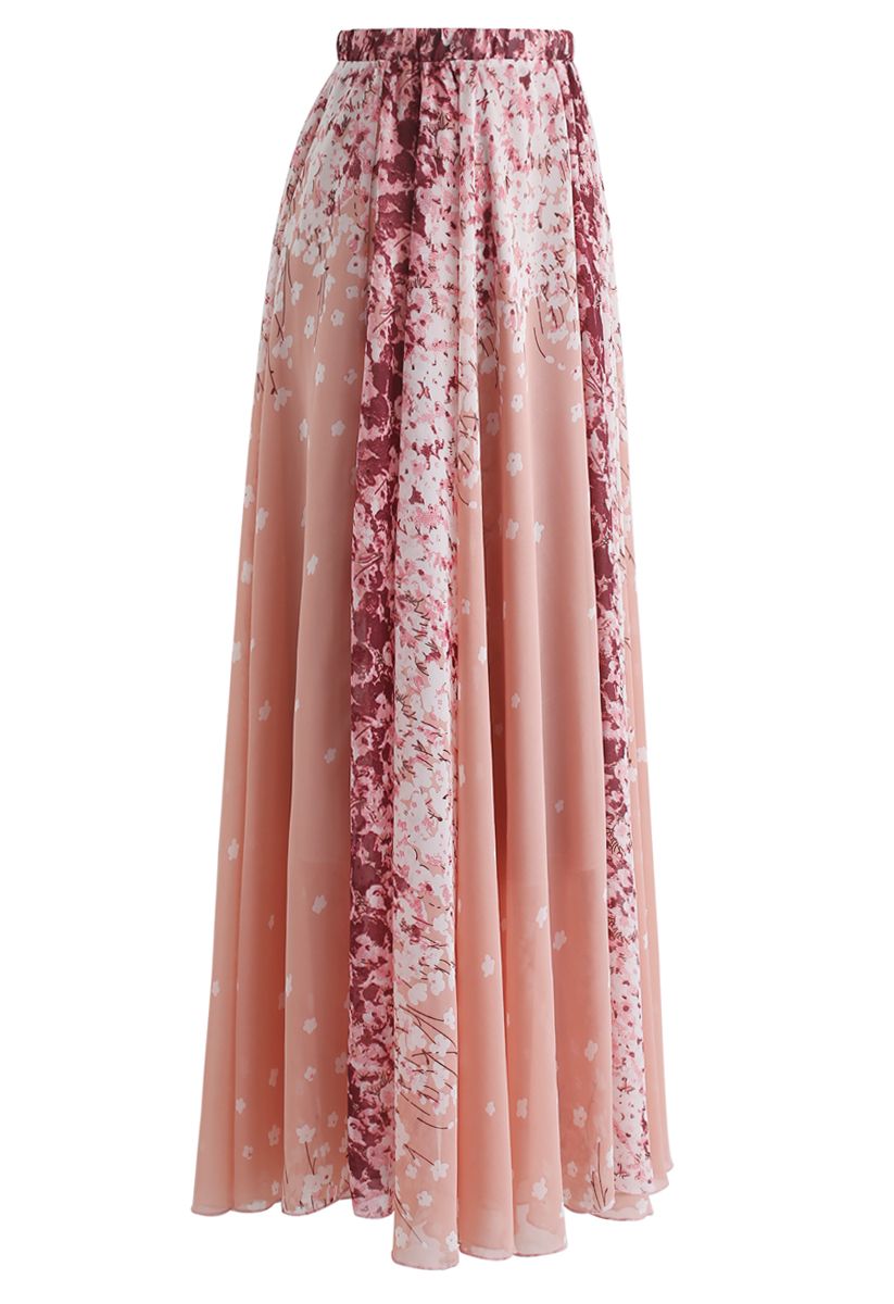 Cherry Blossom Watercolor Chiffon Maxi Skirt