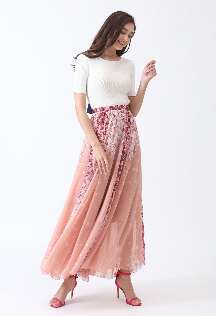 Cherry Blossom Watercolor Chiffon Maxi Skirt