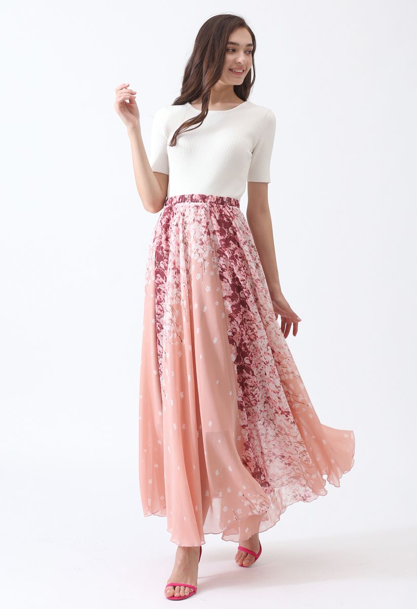 Cherry Blossom Watercolor Chiffon Maxi Skirt