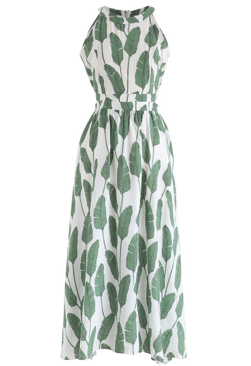 Summer Palm Leaf Print Halter Neck Maxi Dress in Green