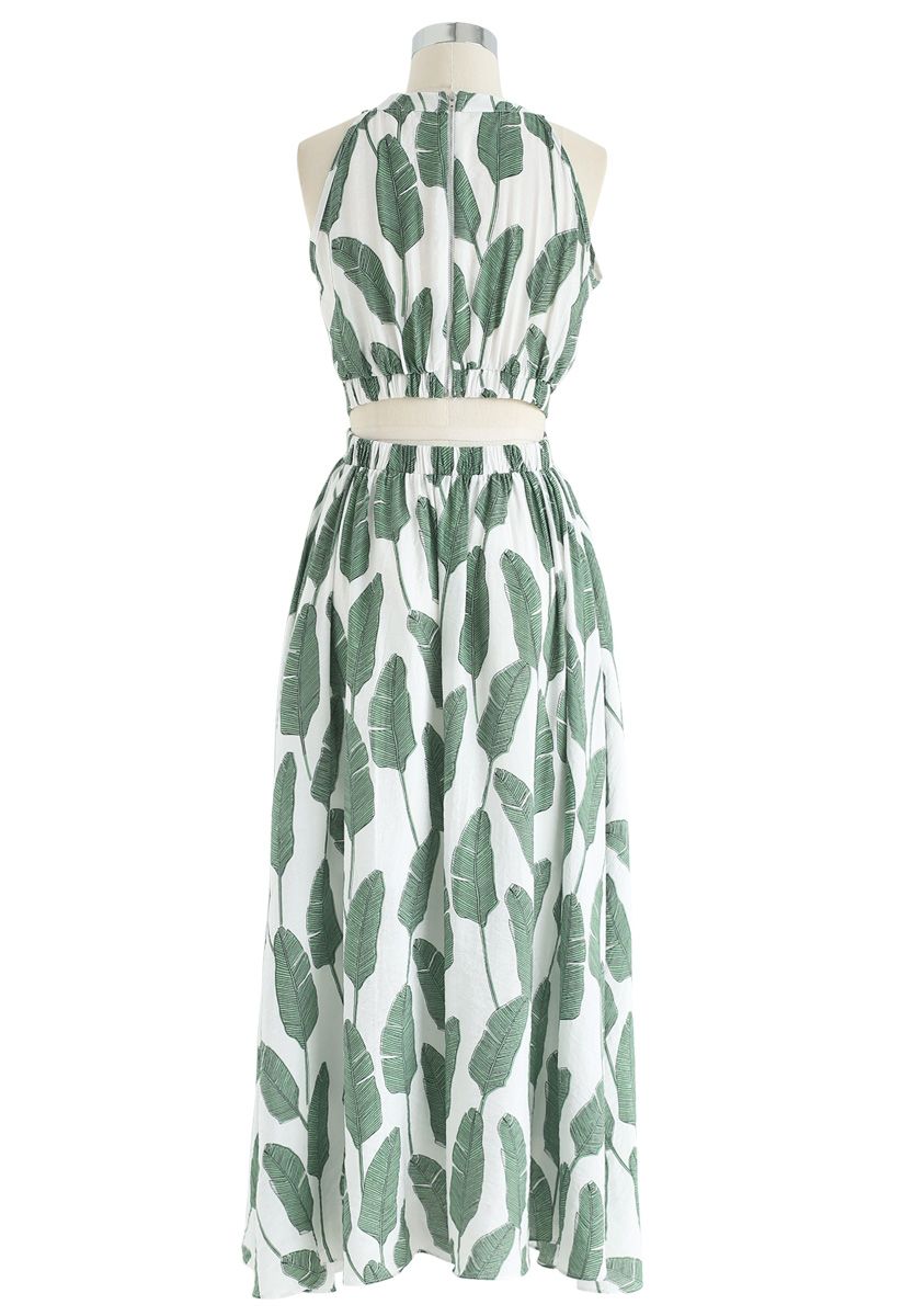 Summer Palm Leaf Print Halter Neck Maxi Dress in Green