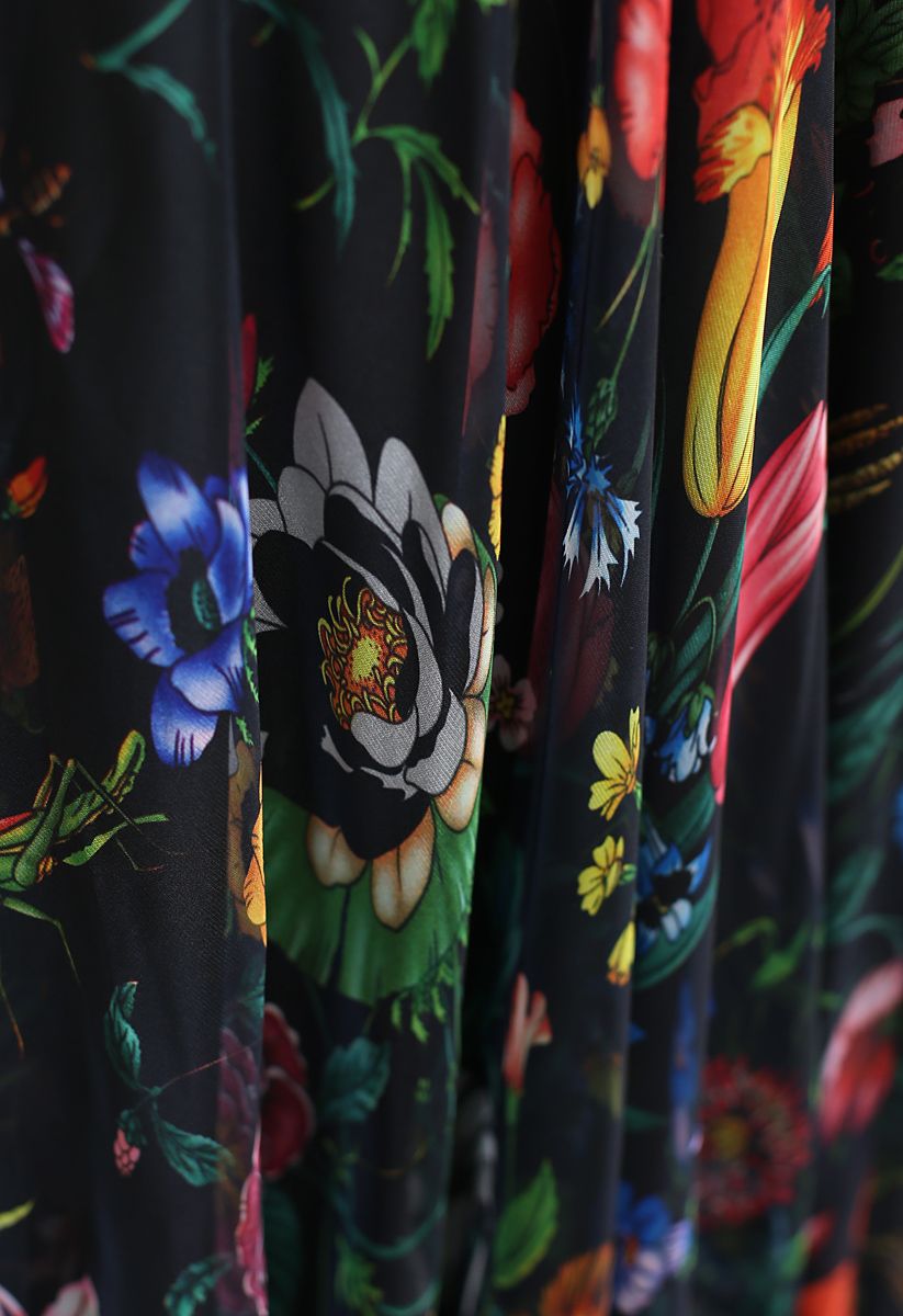 Tropical Flowering Watercolor Maxi Skirt in Black