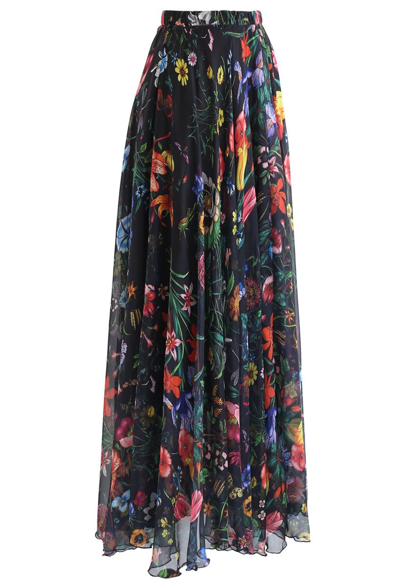 Tropical Flowering Watercolor Maxi Skirt in Black