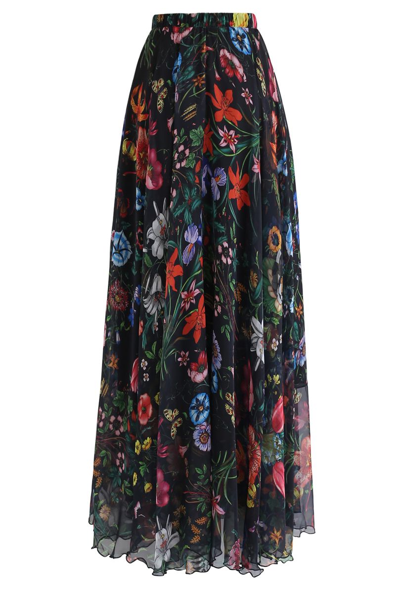 Tropical Flowering Watercolor Maxi Skirt in Black