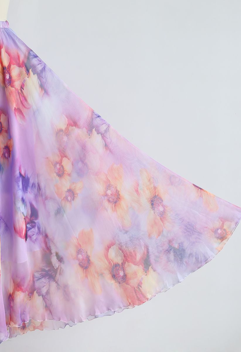 Blooming Flowers Watercolor Maxi Skirt in Lilac