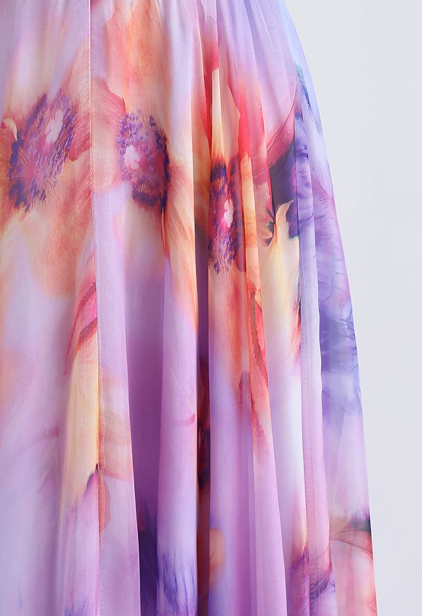 Blooming Flowers Watercolor Maxi Skirt in Lilac