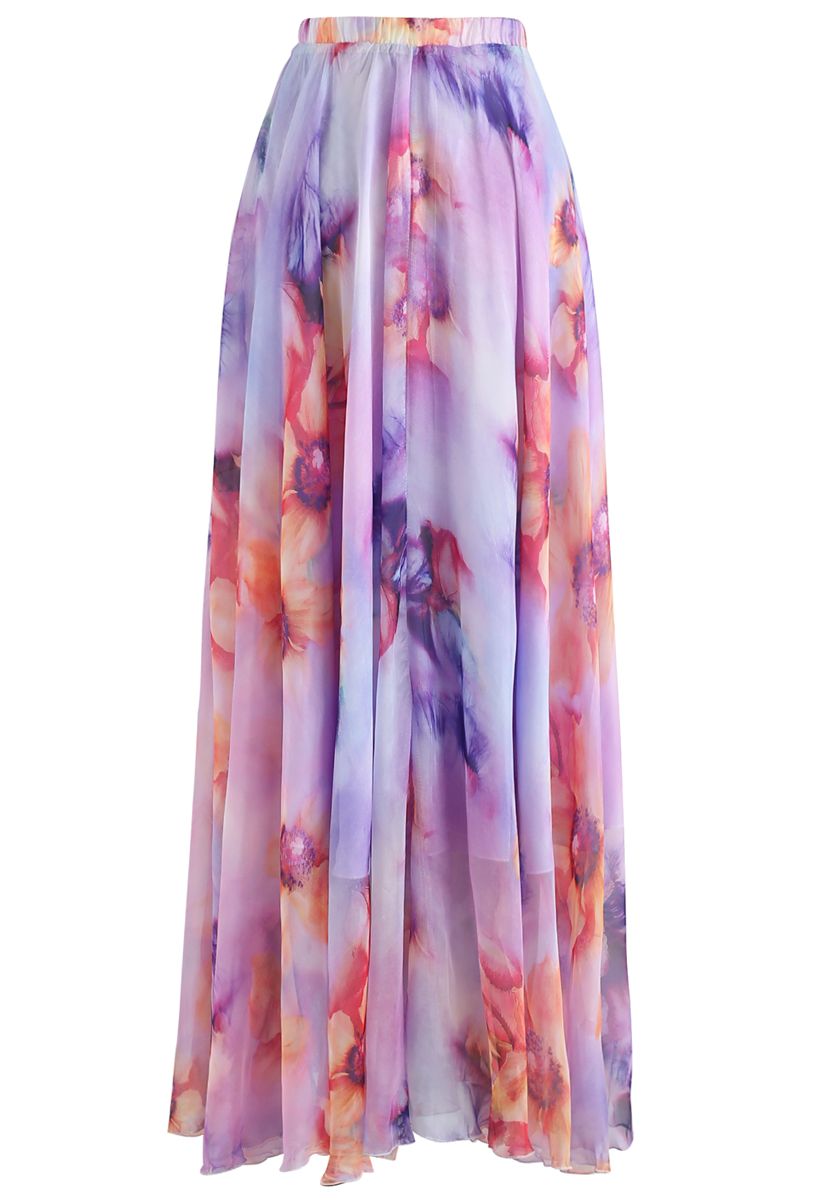 Blooming Flowers Watercolor Maxi Skirt in Lilac