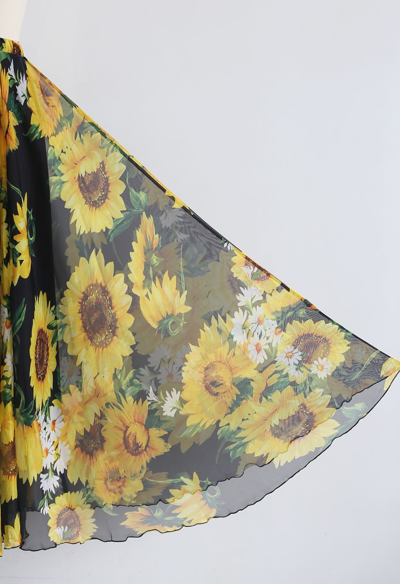 Blooming Sunflower Watercolor Maxi Skirt in Black