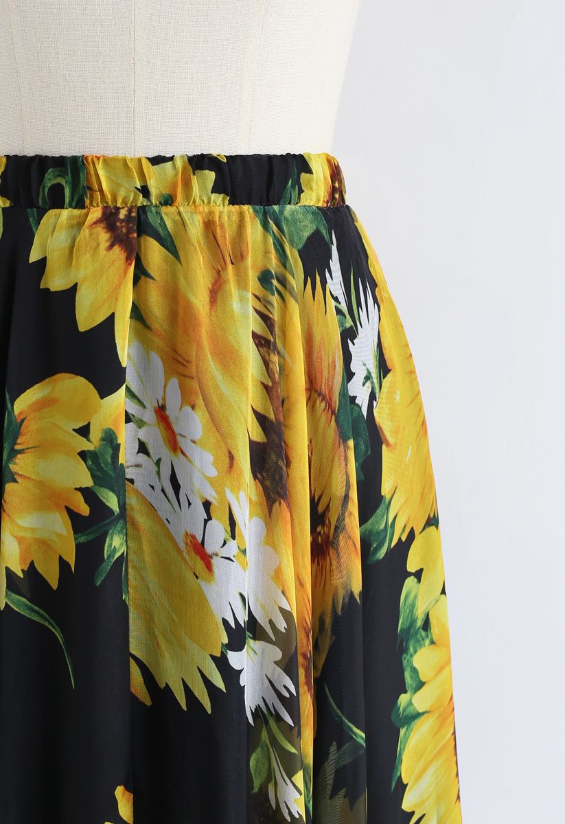 Blooming Sunflower Watercolor Maxi Skirt in Black