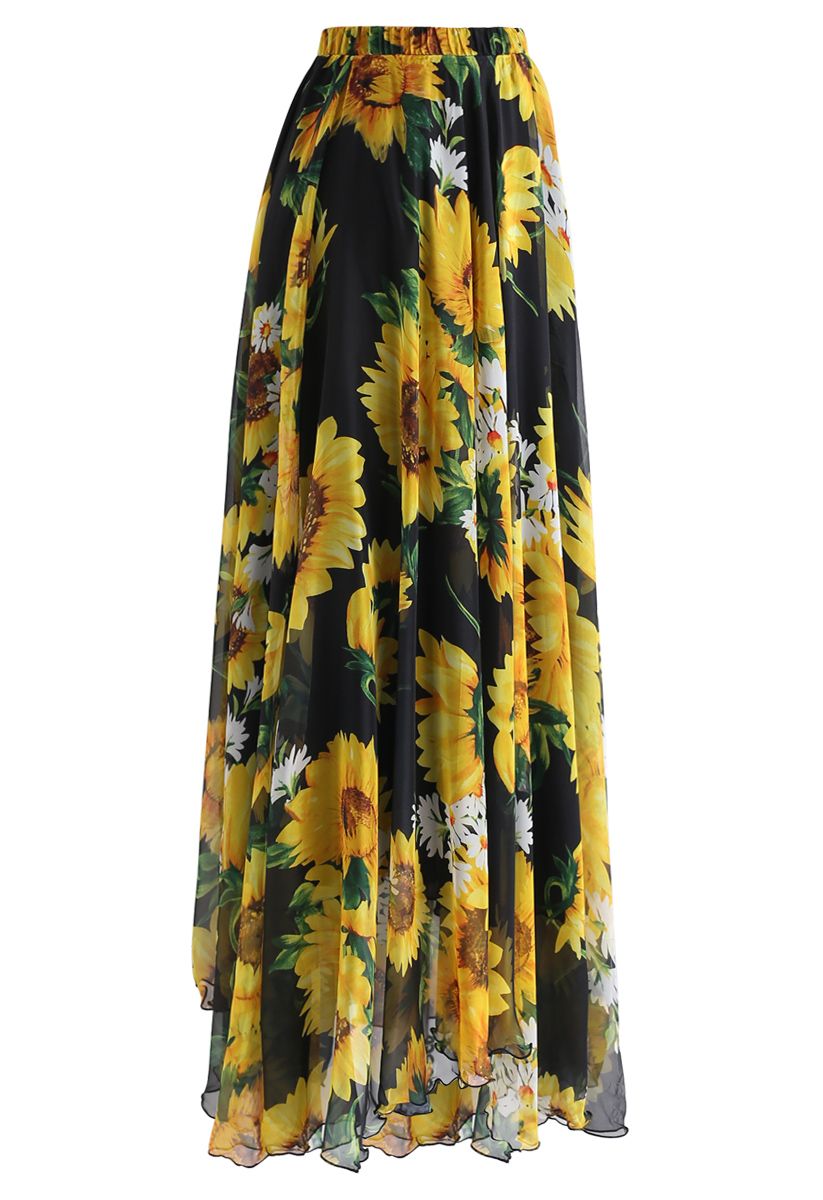Blooming Sunflower Watercolor Maxi Skirt in Black