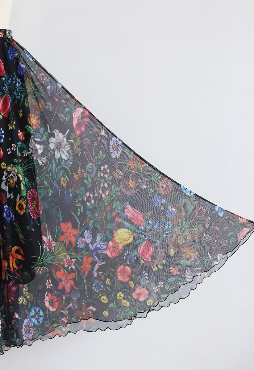 Tropical Flowering Watercolor Maxi Skirt in Black