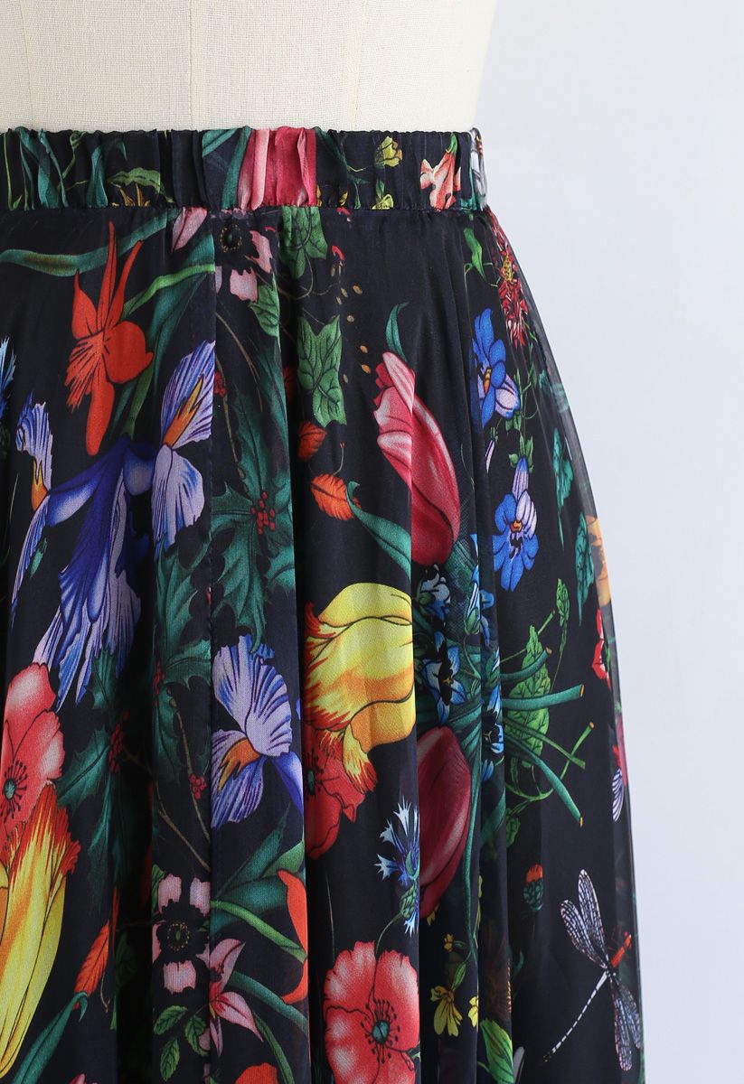 Tropical Flowering Watercolor Maxi Skirt in Black