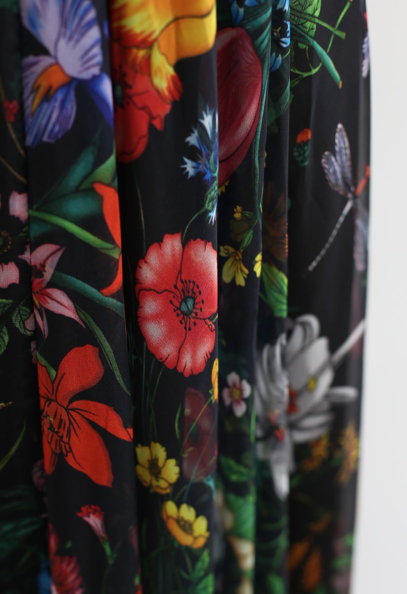 Tropical Flowering Watercolor Maxi Skirt in Black