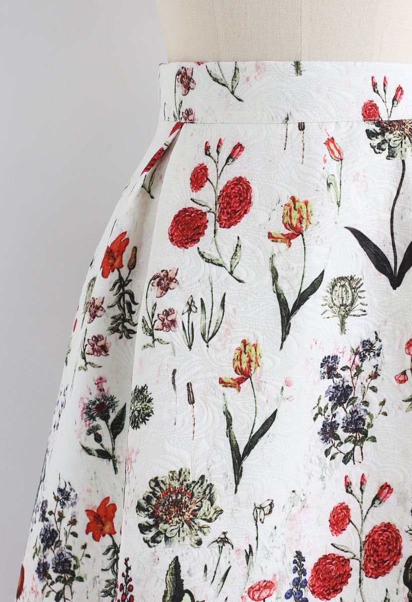 Multi Floral Print Embossed Midi Skirt