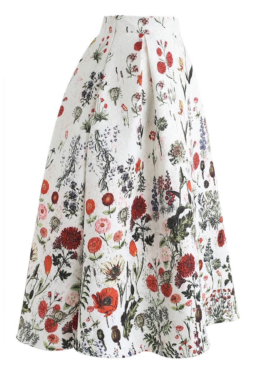 Multi Floral Print Embossed Midi Skirt