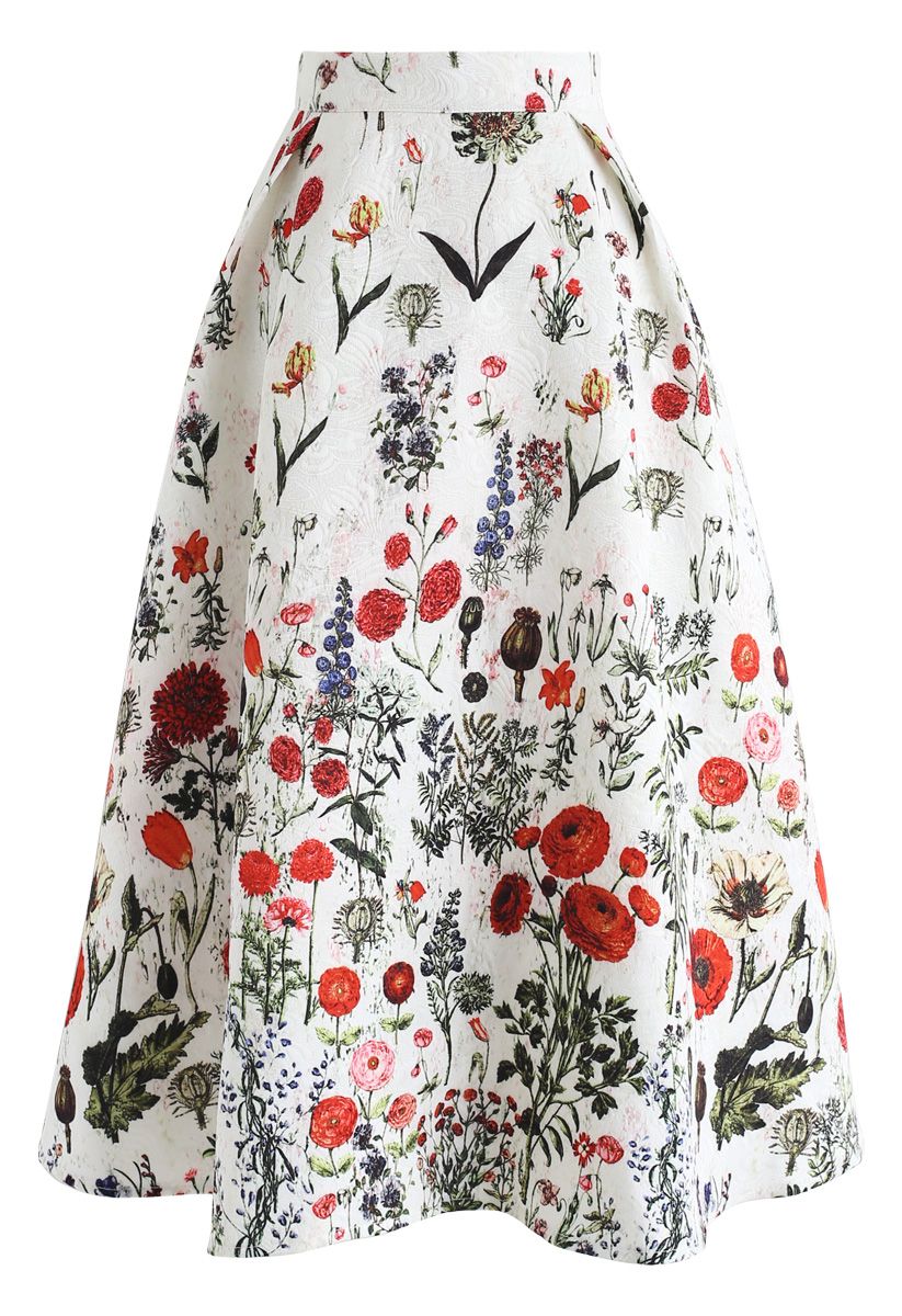 Multi Floral Print Embossed Midi Skirt