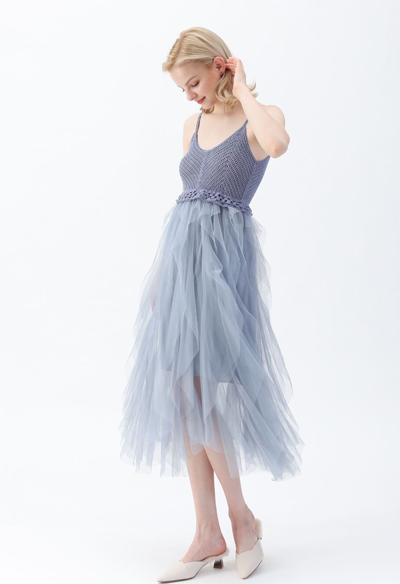 Knit Ruffled Mesh Cami Dress in Blue