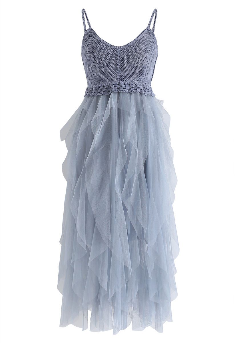 Knit Ruffled Mesh Cami Dress in Blue